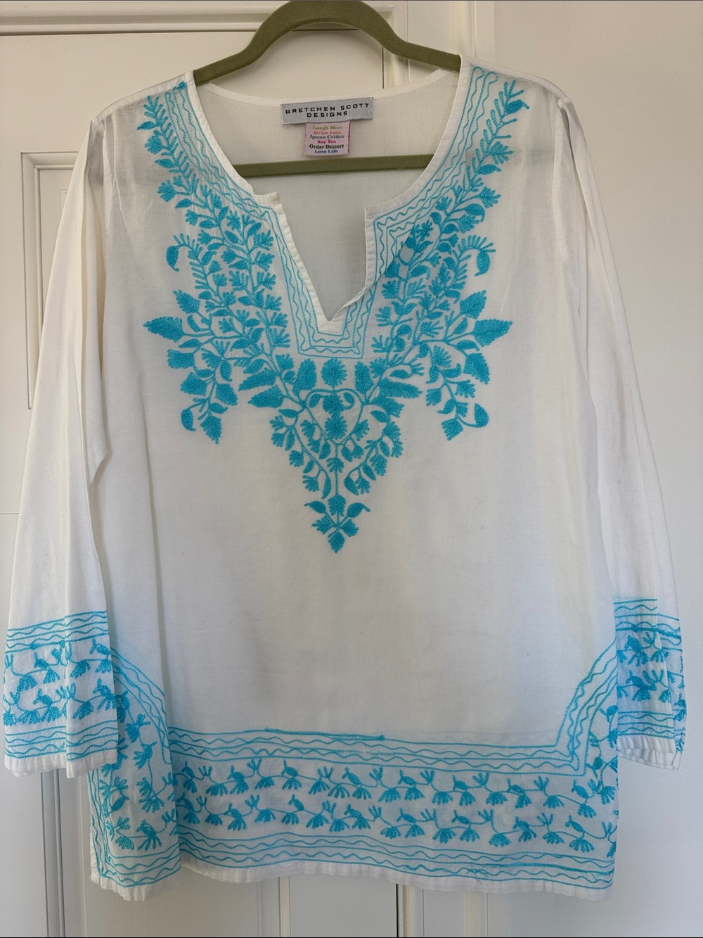 Gretchen Scott Designs White Tunic with Turquoise Embroidery Accents